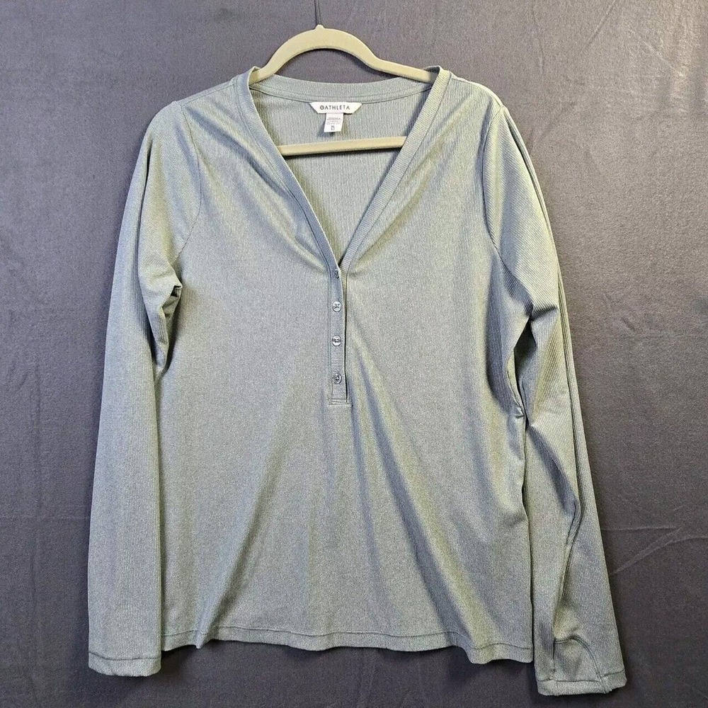 Athleta Uptempo Ribbed Henley Top Women XL Sage Green Long Sleeve Thumbhole 2359